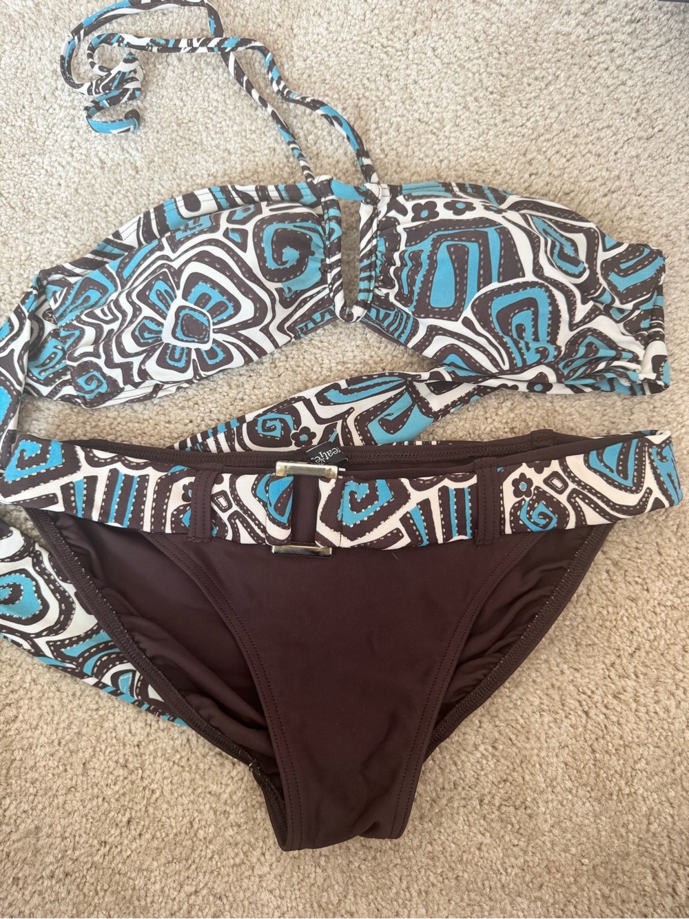 Crescent Blue, Black & White Patterned Bandeau Bikini